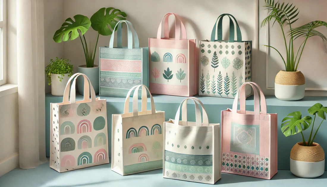 Pastel-colored non-woven bags with nature-inspired patterns