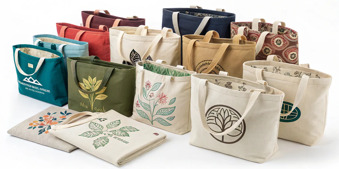 Customizable eco-friendly canvas tote bags with printed designs