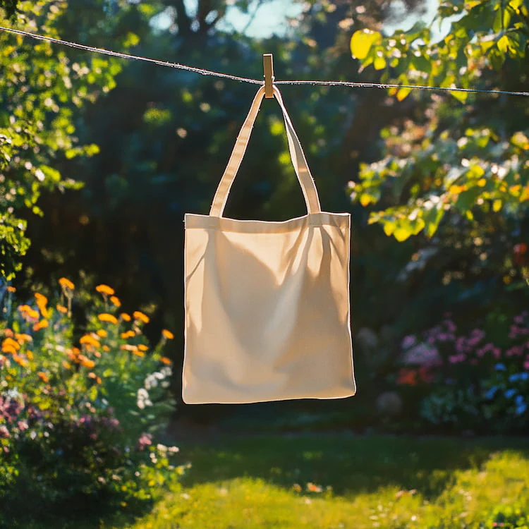 Plain eco-friendly canvas tote bag hanging outdoors