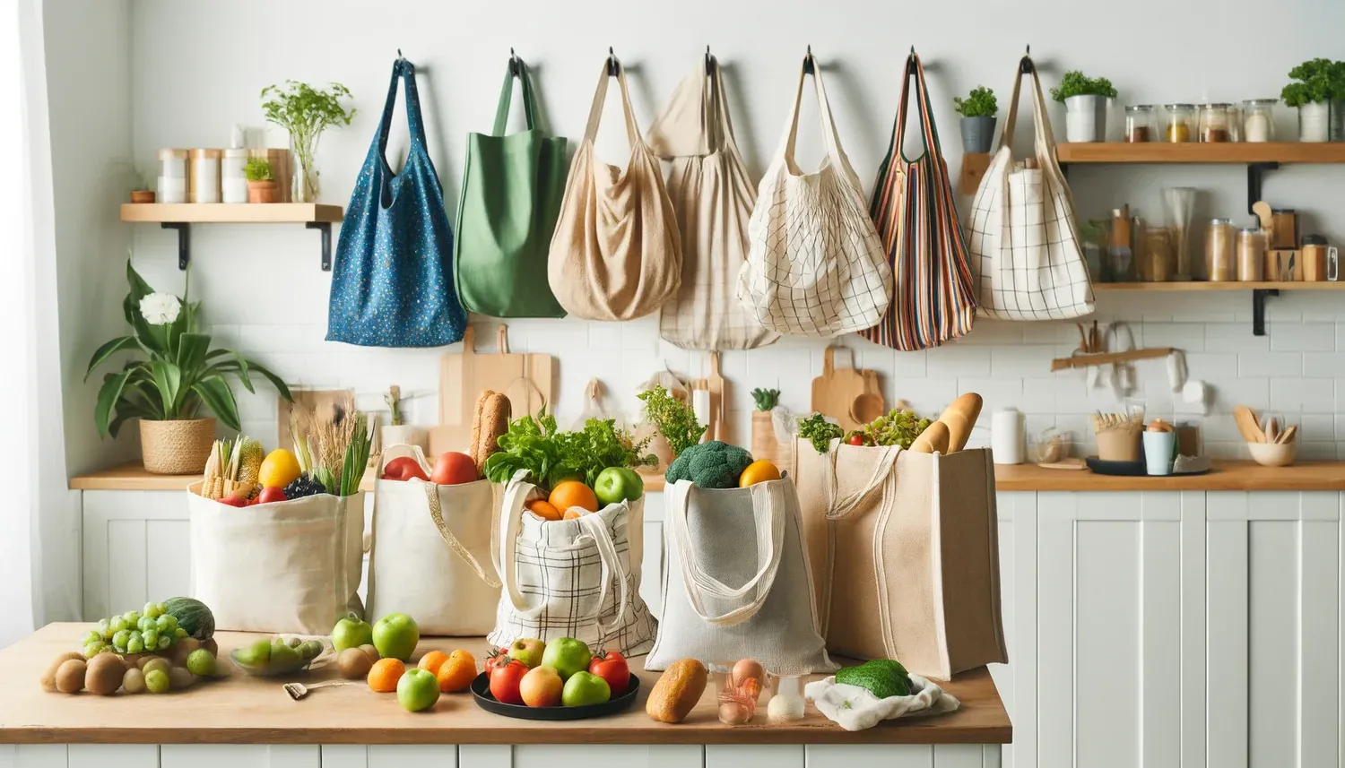 Reusable shopping bags with fresh fruits and vegetables in a cozy kitchen