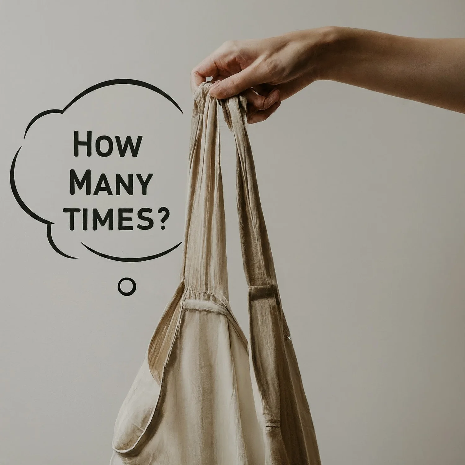 Reusable shopping bag held by hand, with "How Many Times?" text bubble