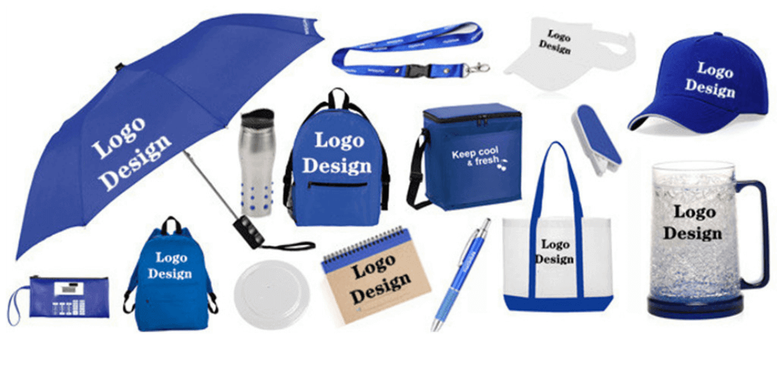 Assorted promotional products with custom logo designs, including bags, caps, and umbrellas