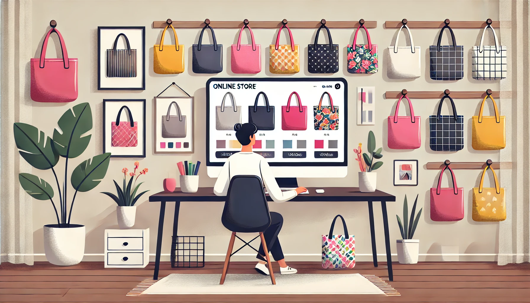 Illustration of a person browsing an online store with tote bags displayed on walls