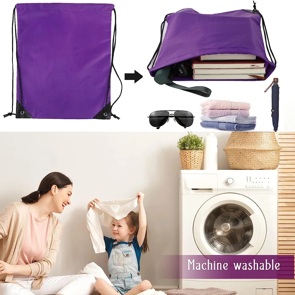 Purple drawstring bag, lightweight, machine washable, showing storage capacity and family use