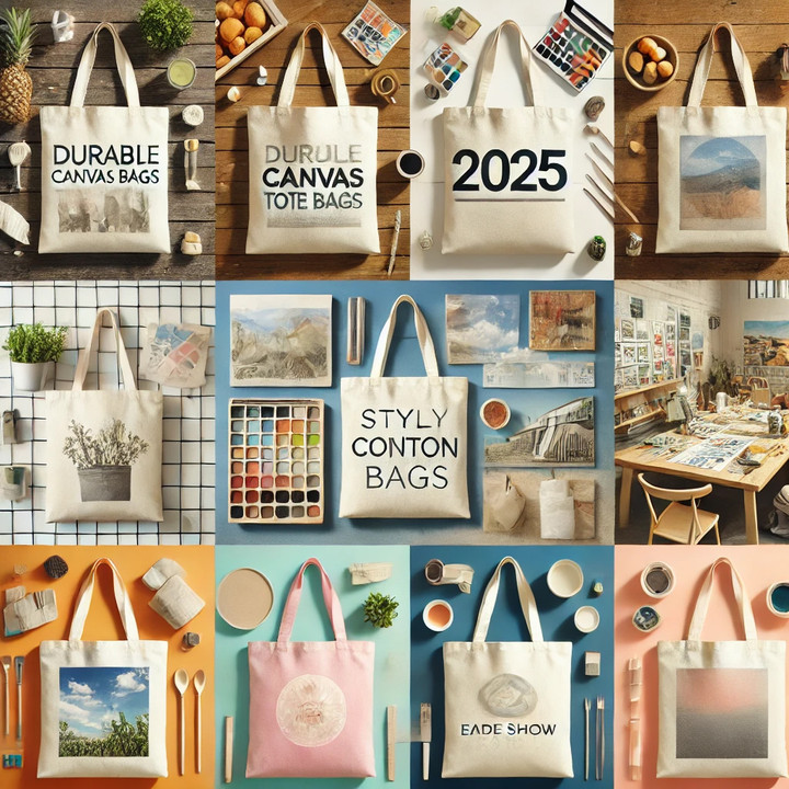 Collage of stylish tote bags with various designs and creative backdrops