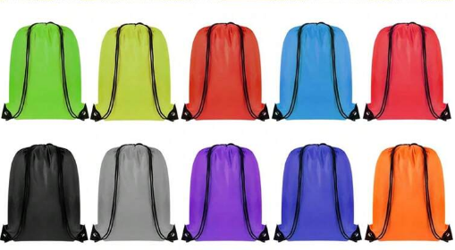 Colorful drawstring bags in green, yellow, red, blue, black, gray, purple, and orange