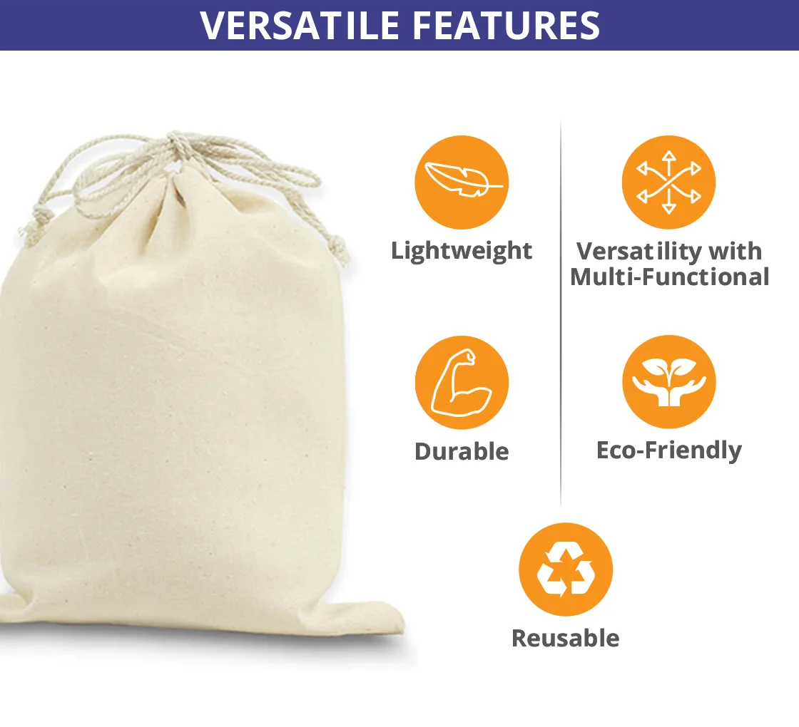 Natural drawstring bag with versatile features: lightweight, durable, eco-friendly, reusable, and multi-functional