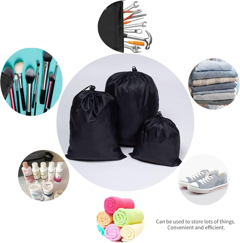 Black drawstring bags used for organizing tools, makeup, clothes, and shoes