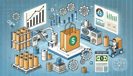 Illustration of supply chain process for packaging production with graphs and machinery