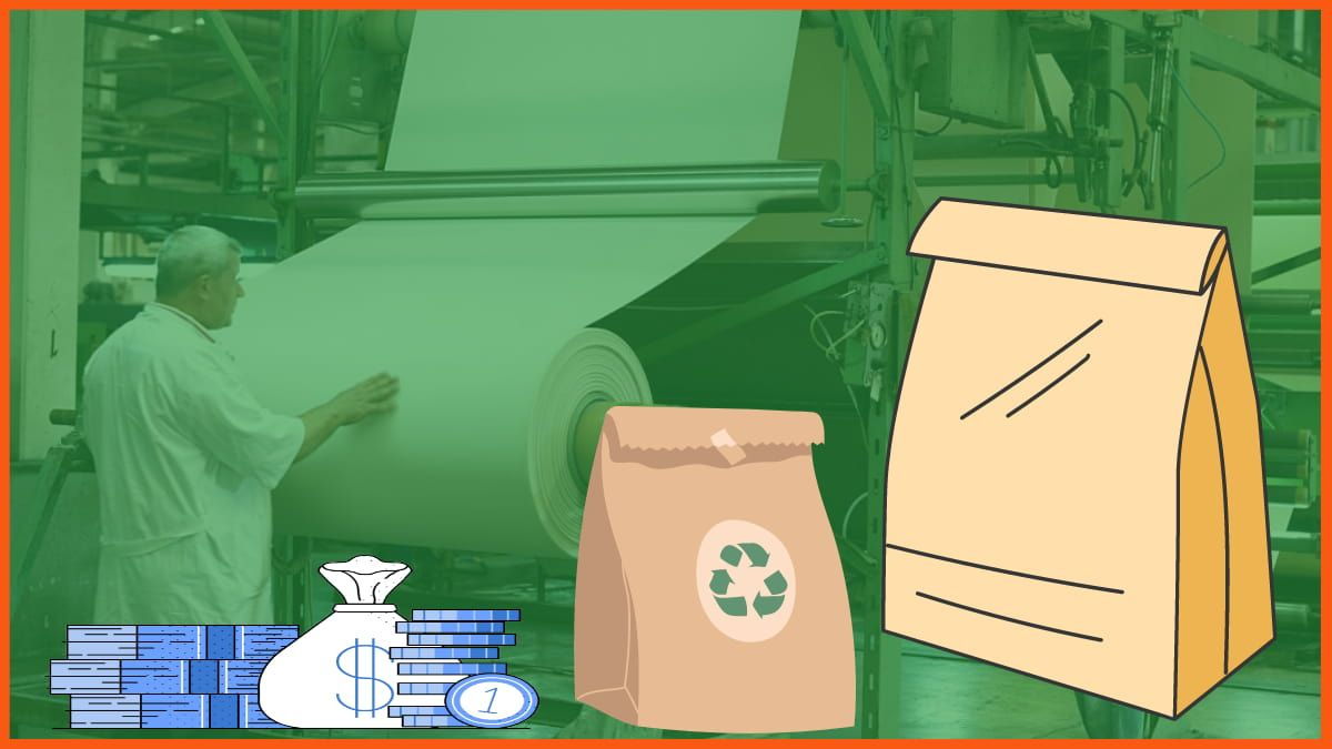 Paper bag production process with eco-friendly and financial symbols overlay