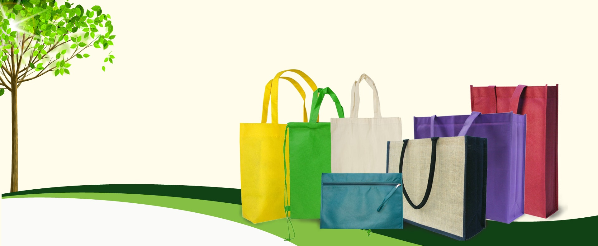 Colorful eco-friendly reusable bags with a tree background