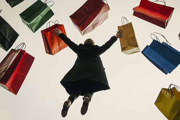 Person surrounded by colorful shopping bags, arms raised in excitement