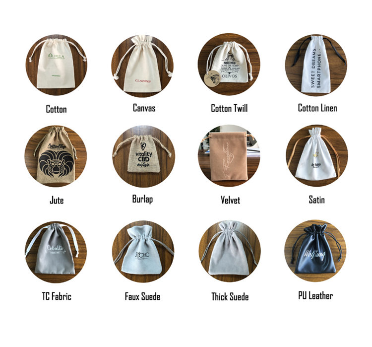 Variety of drawstring bags in different materials: cotton, canvas, velvet, jute, and more