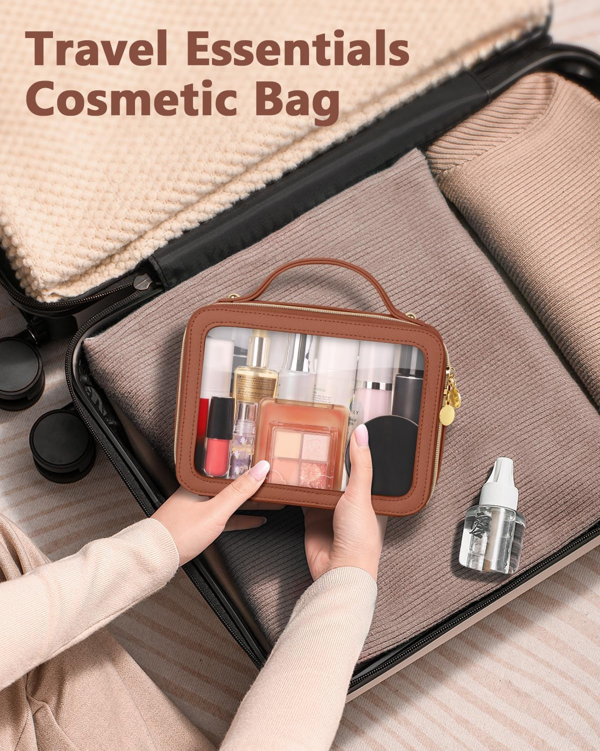 Travel essentials cosmetic bag with transparent design, perfect for organizing makeup