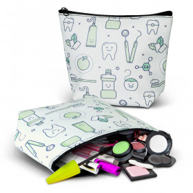 White makeup bag with dental-themed illustrations, holding cosmetics