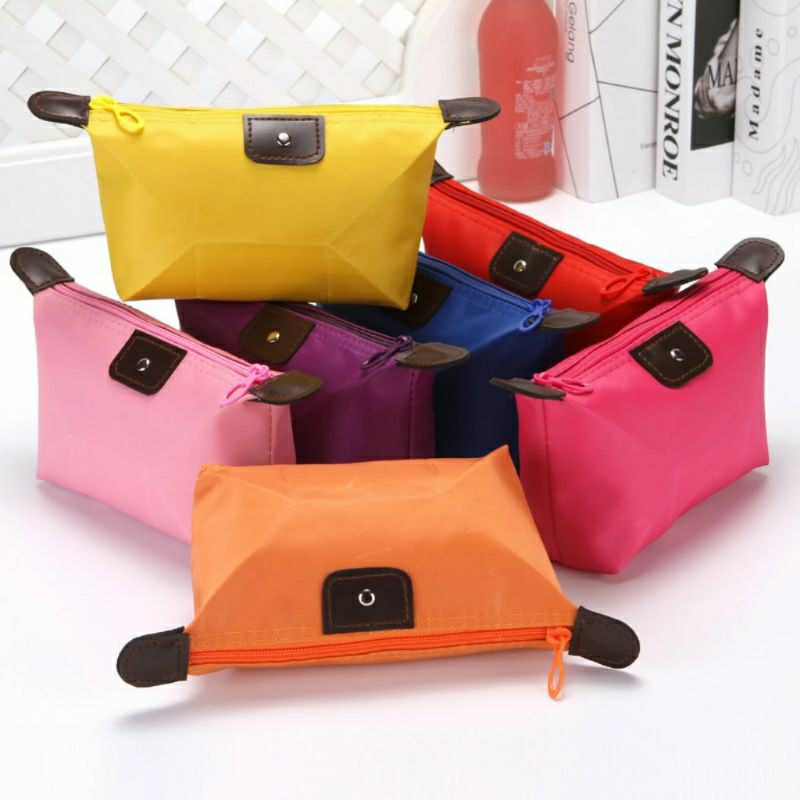 Multicolored foldable cosmetic bags with zippers and handles