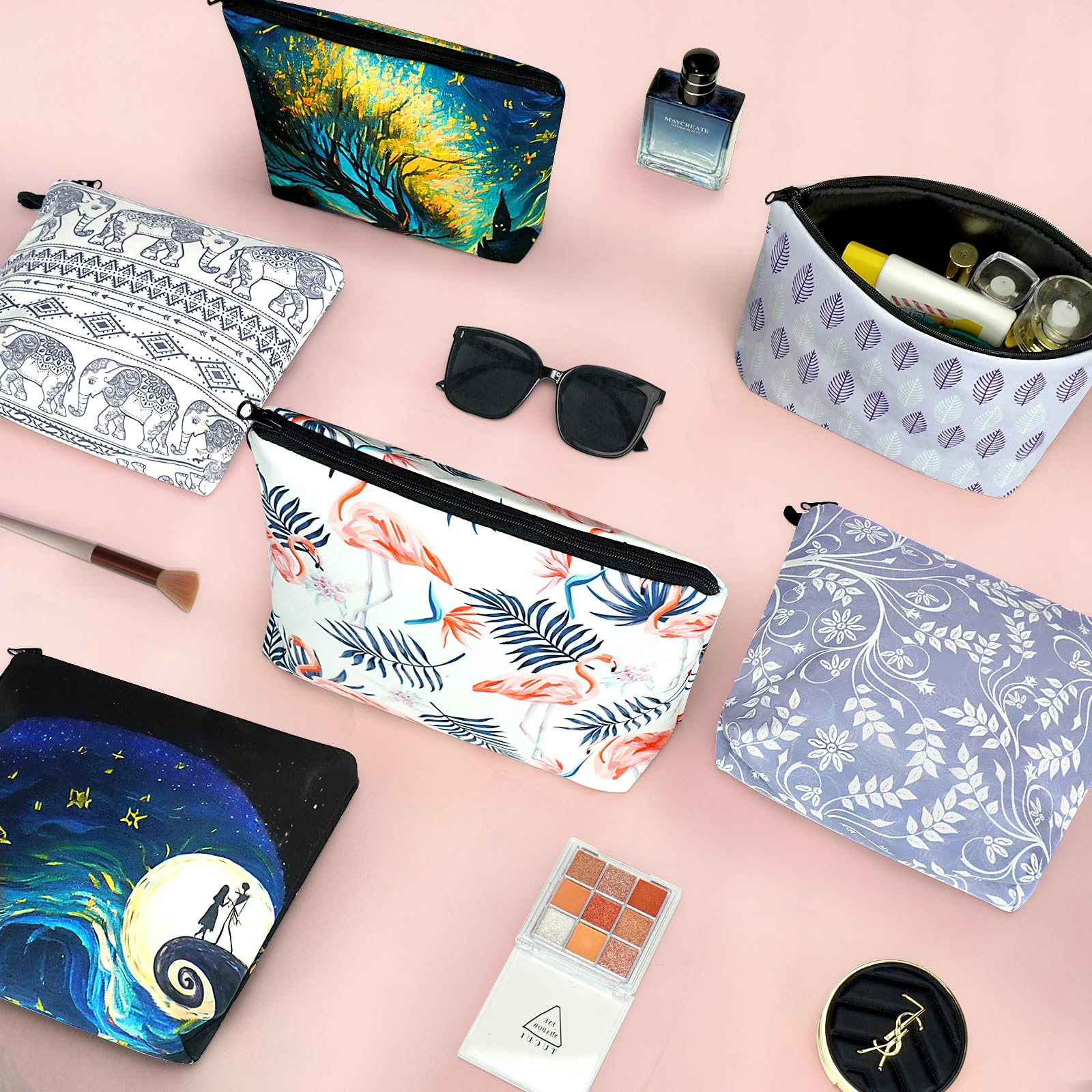 Assorted printed makeup bags with various patterns and designs