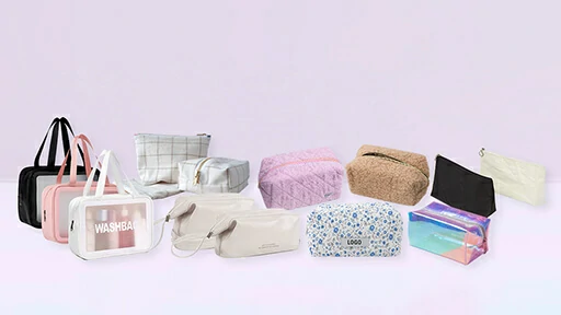 Variety of toiletry and cosmetic bags in different styles and materials