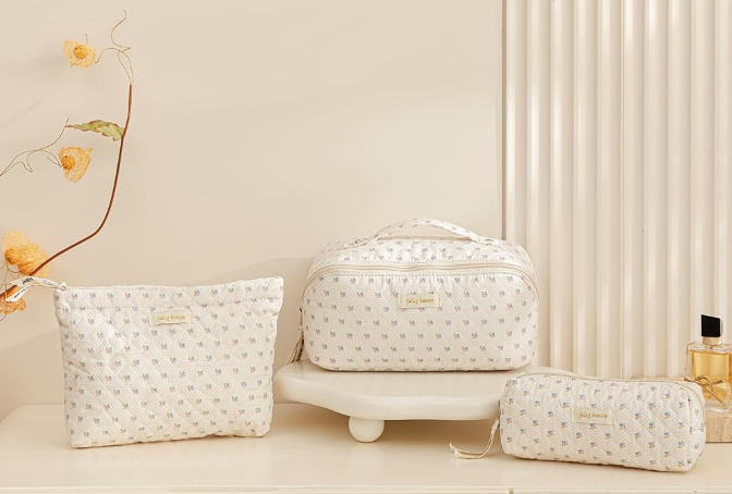 Elegant floral-patterned toiletry bags in a three-piece set