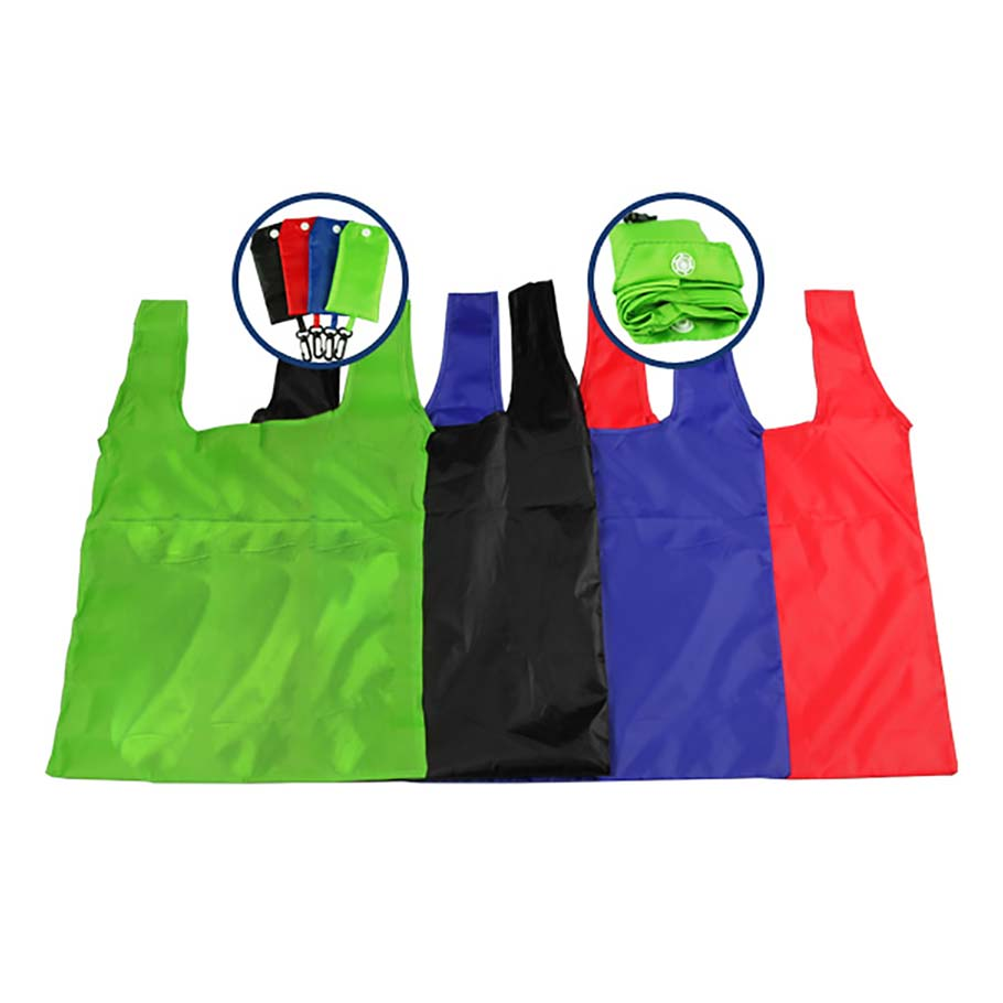 Set of foldable reusable bags in green, black, blue, and red