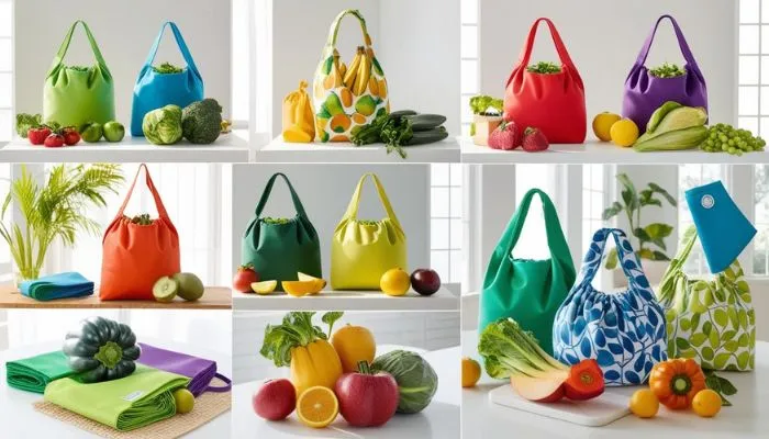 Colorful reusable shopping bags with fruits and vegetables