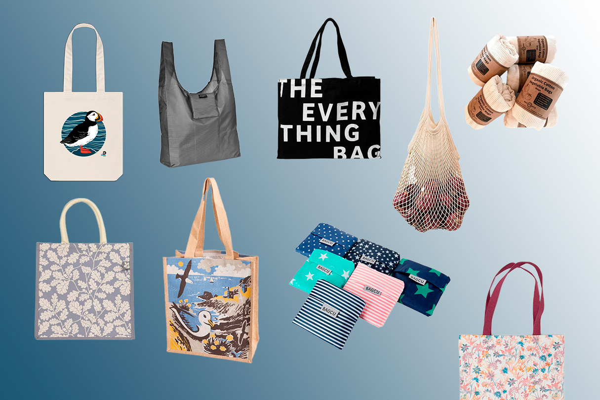 Various eco-friendly reusable bags, including tote bags and foldable designs