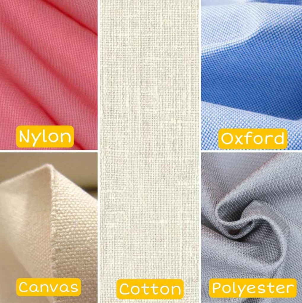 Different fabric materials for bags: nylon, canvas, cotton, Oxford, and polyester