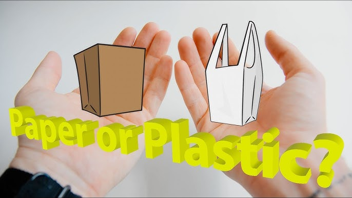 Hands holding paper and plastic bag illustrations, eco-friendly decision