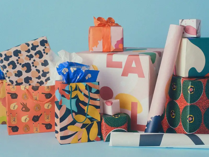 Colorful gift wrapping paper and decorative bags