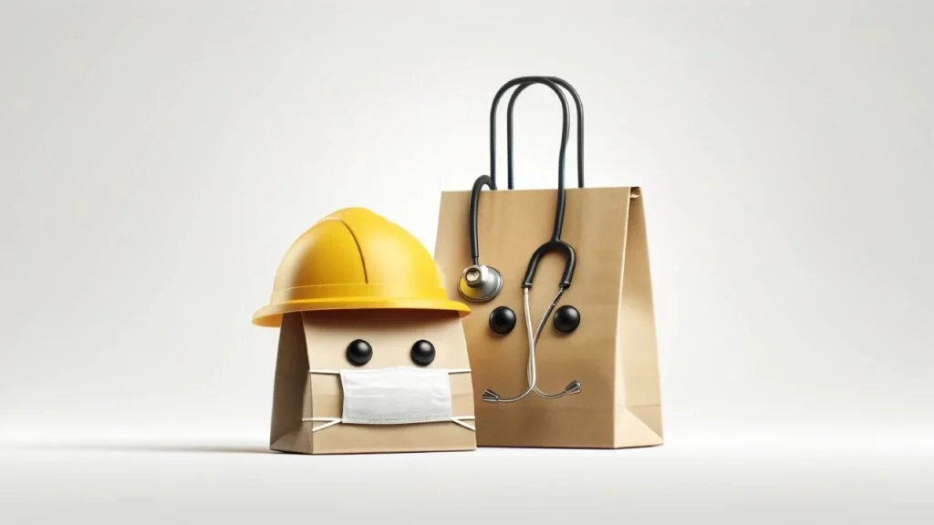 Creative paper bags with stethoscope and hard hat, symbolizing care and safety