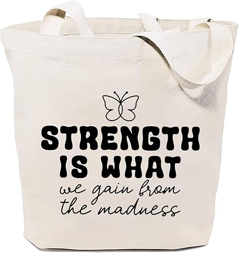 White tote bag with a motivational quote and butterfly design