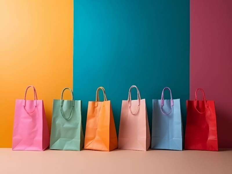 Colorful paper shopping bags on a multicolored background