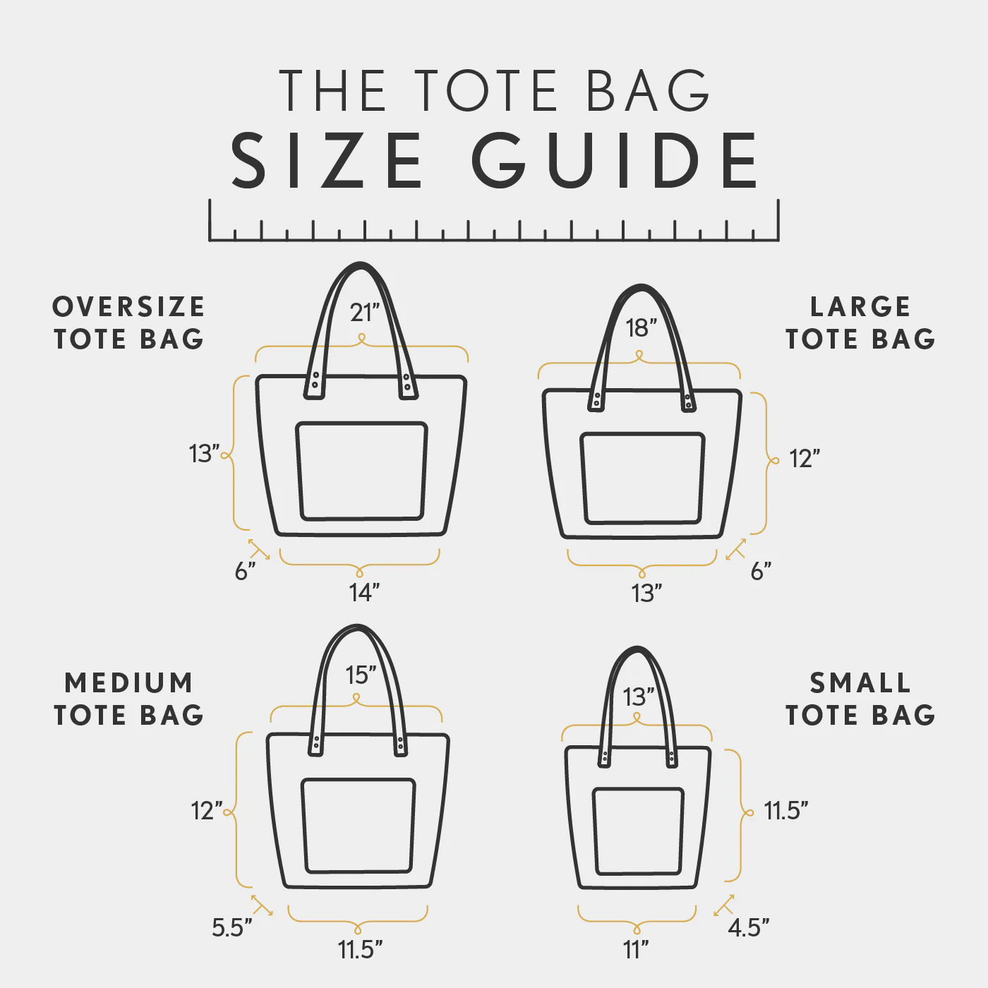 tote bag size guide with measurements for different sizes