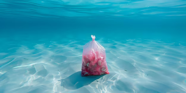 plastic bag submerged in water, highlighting environmental pollution