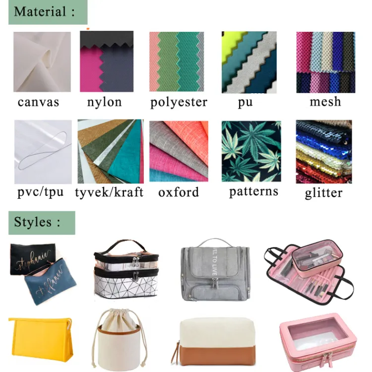 various materials and styles for bags, including canvas, nylon, and mesh