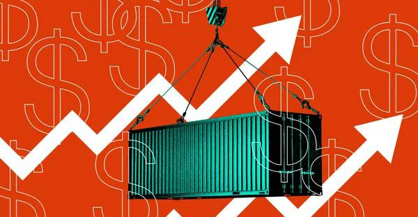 Cargo container and dollar symbols with upward trend