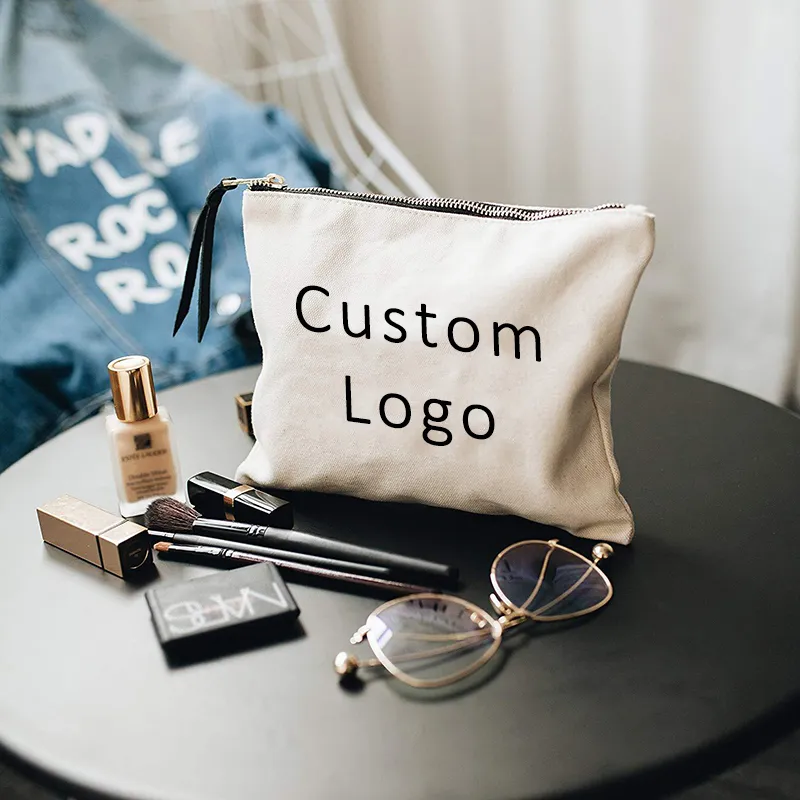 Customizable makeup bag with logo, surrounded by cosmetics and glasses