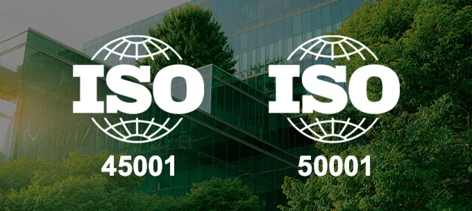 ISO 45001 and ISO 50001 certifications representing workplace safety and energy management