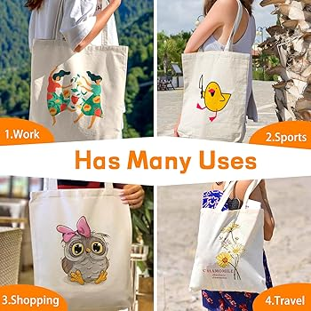 Four non-woven tote bags with various cute animal designs, labeled for work, sports, shopping, and travel