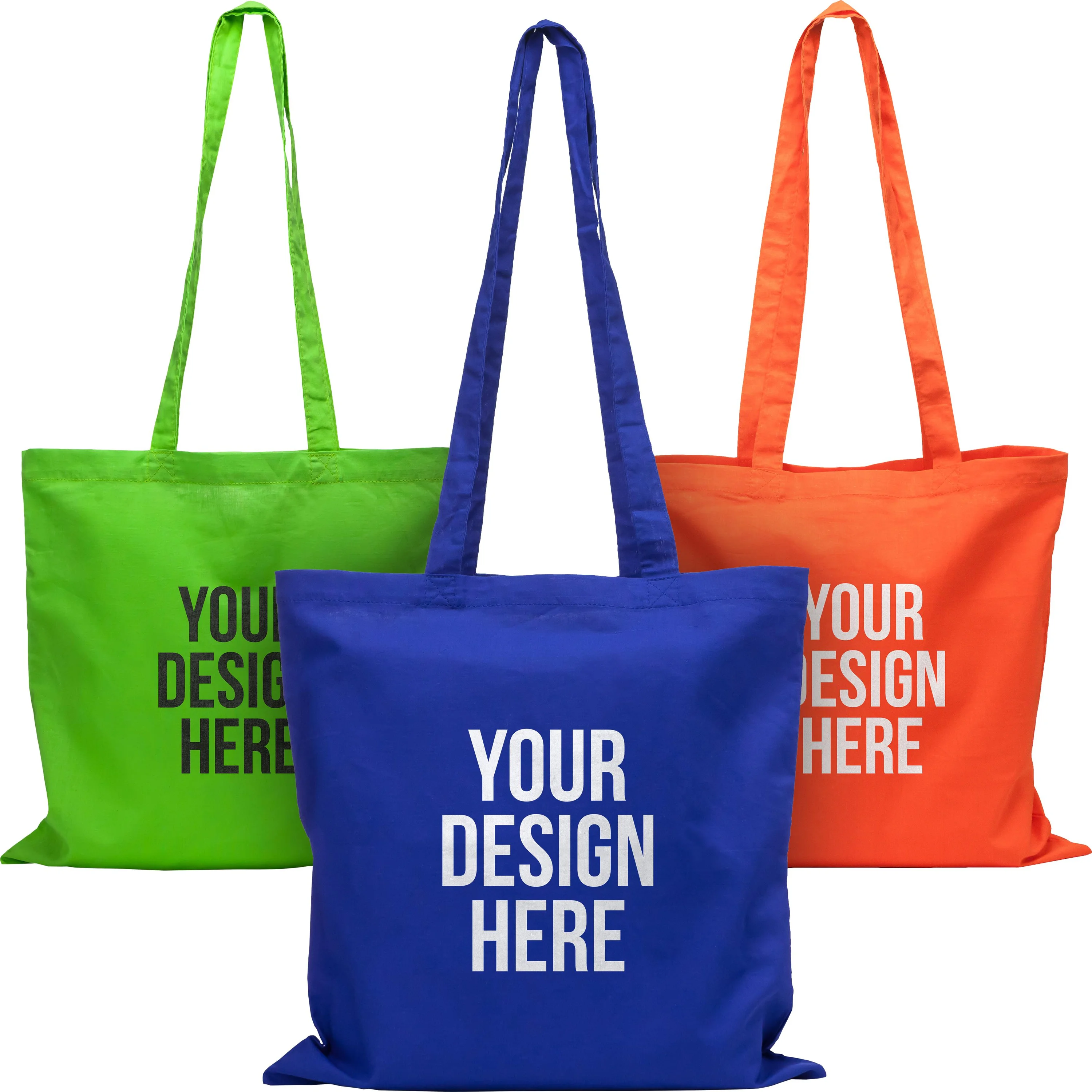 Three colorful non-woven shopping bags in green, blue, and orange with custom design text