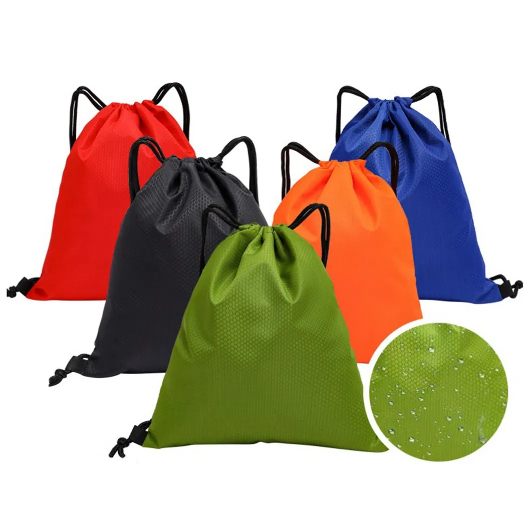 Colorful drawstring bags in red, black, orange, blue, and green with water-resistant feature