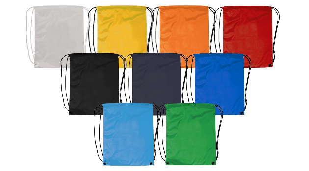 Nine drawstring bags in various colors arranged in a grid