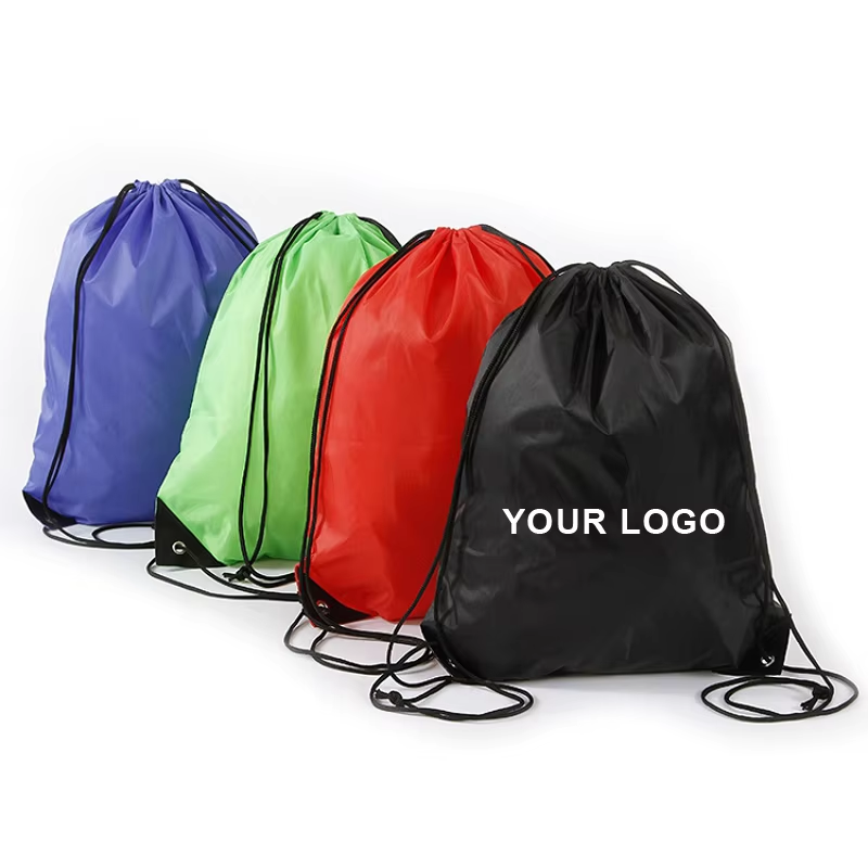 Colorful drawstring bags in purple, green, red, and black with customizable logo space