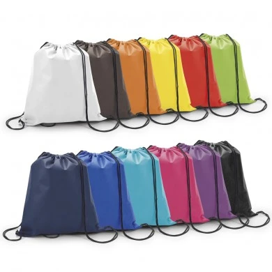 Assorted colorful drawstring bags in a row