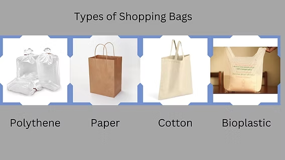 Different types of shopping bags: polythene, paper, cotton, bioplastic