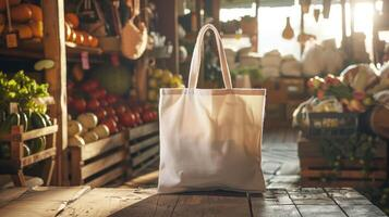 white non-woven tote bag in a fresh produce market with sunlight