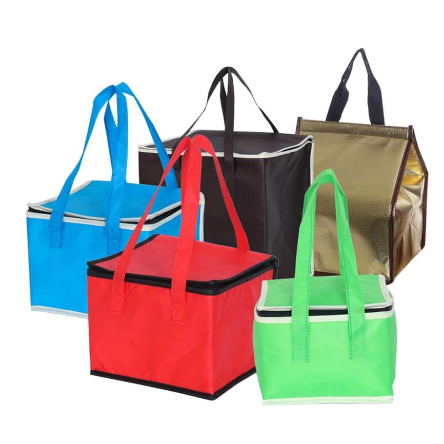 Colorful insulated bags with handles, suitable for food delivery and storage