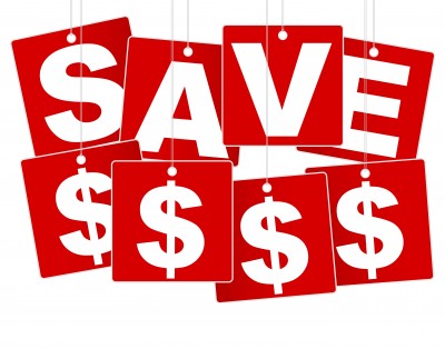 Red hanging tags with SAVE and dollar signs for discount promotion