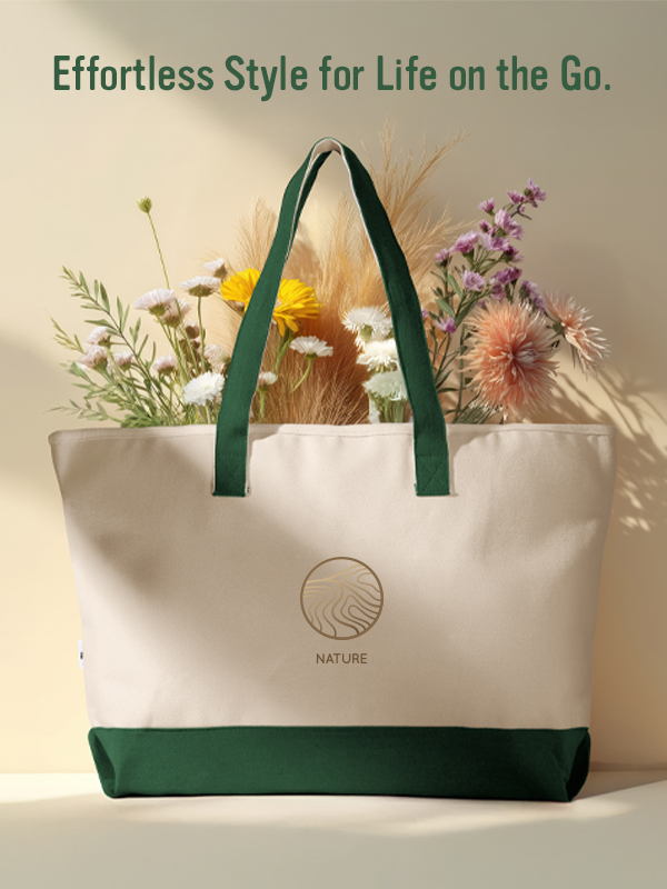 Eco-friendly tote bag with flowers and green handles