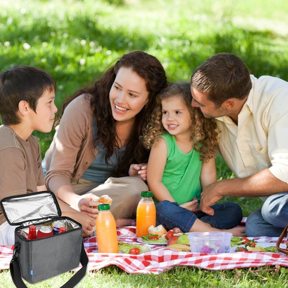 Family picnic with insulated lunch bag on grass